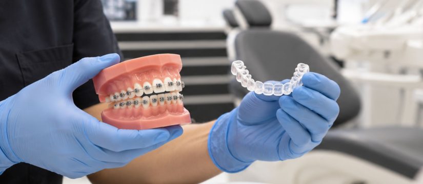 Manos de un profesional dental con guantes azules sosteniendo un modelo de dentadura con brackets metálicos en una mano y un alineador transparente de ortodoncia invisible en la otra.