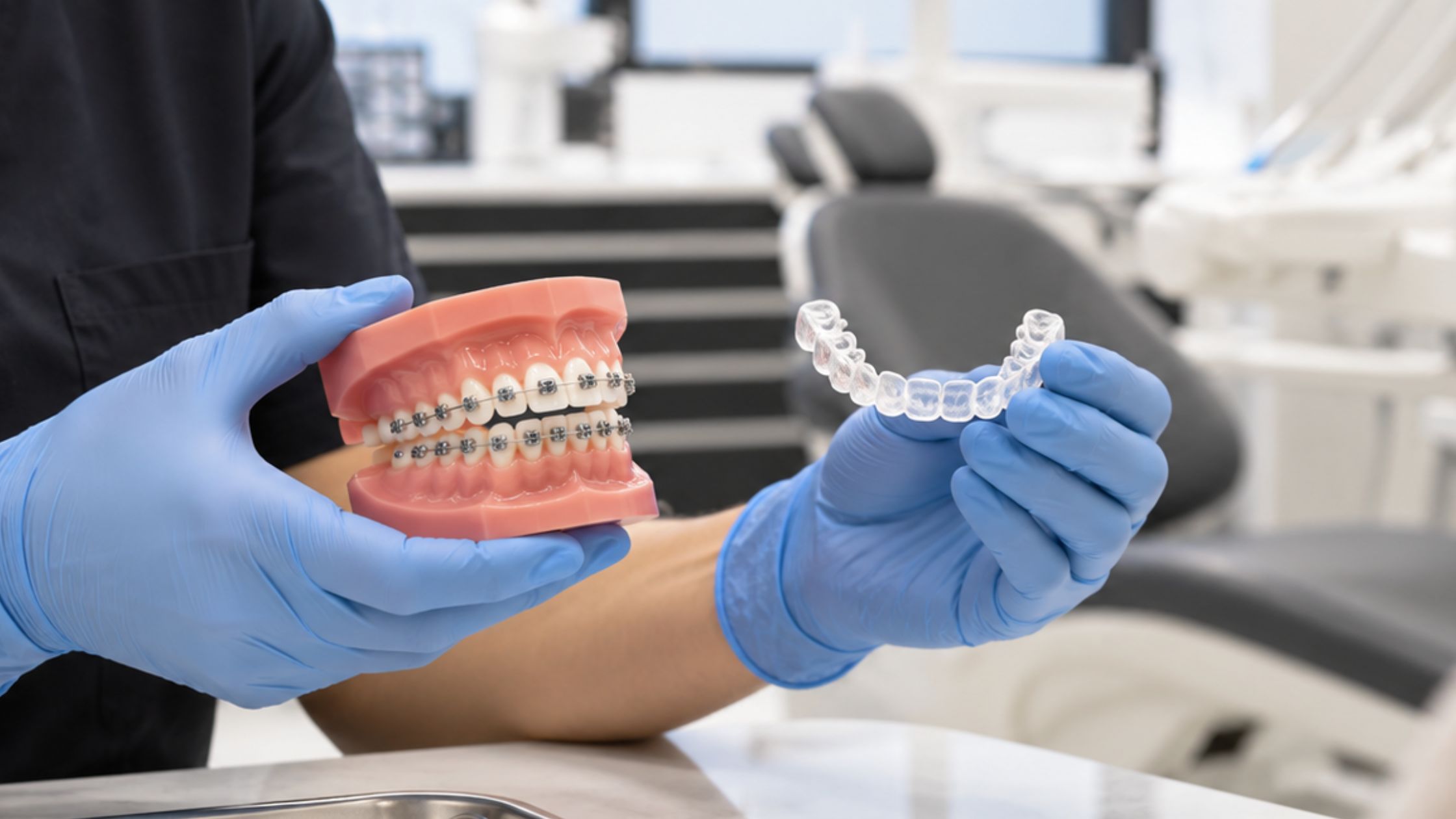 Manos de un profesional dental con guantes azules sosteniendo un modelo de dentadura con brackets metálicos en una mano y un alineador transparente de ortodoncia invisible en la otra.